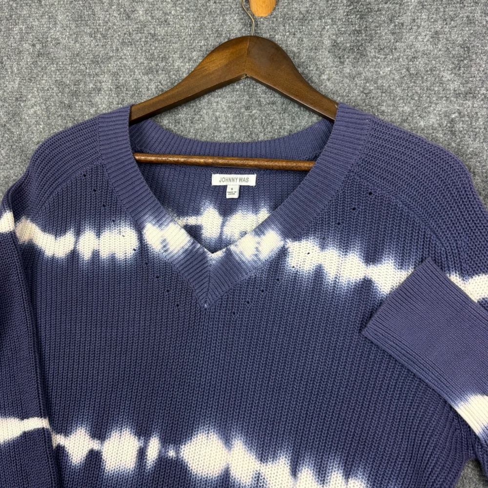 Johnny Was Sweater Womens S Blue Tie Dye Cotton V-Neck Knit Pullover Boho MS2120